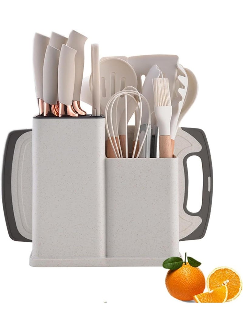 DubaiGallery طقم أدوات المطبخ السيليكون المتميز 19 قطعة مع تصميم مقبض خشبي، أدوات طهي غير خادشة، مجموعة سكاكين، ملعقات، مغرفة، خفاقة، ملقط، حامل تخزين، أساسيات مطبخ مقاومة للحرارة - Image 5